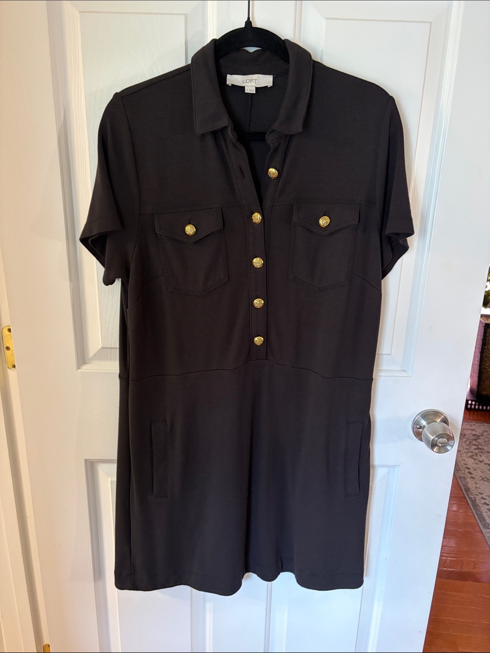 LOFT Black Short-Sleeve Polo Dress with Gold Buttons